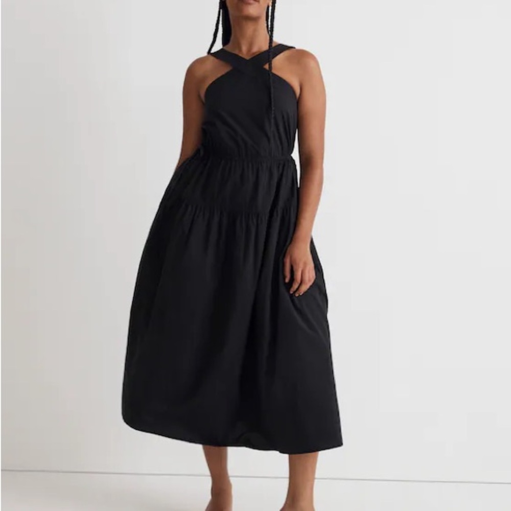 Madewell Poplin Halter Tiered Midi Dress – Women’s Black Summer Overall Dress